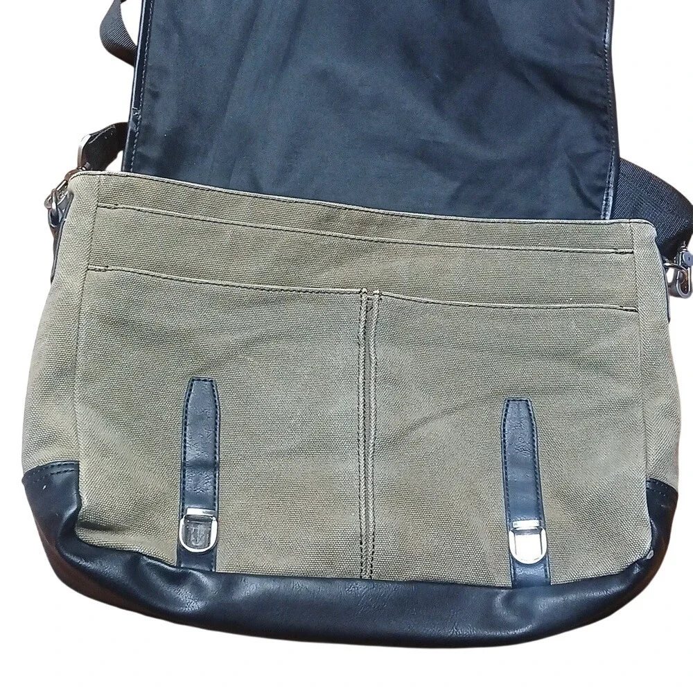 Fossil Messenger Bag Mens Tan Canvas Faux Leather Buckle Strap Laptop